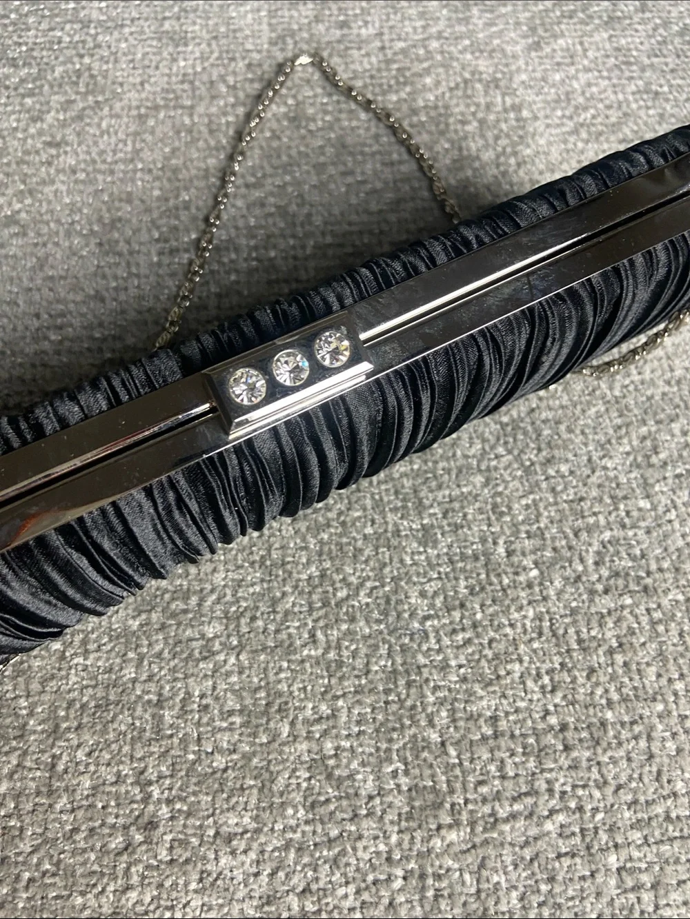 Black Pleated Satin Evening Clutch with Chain Strap
